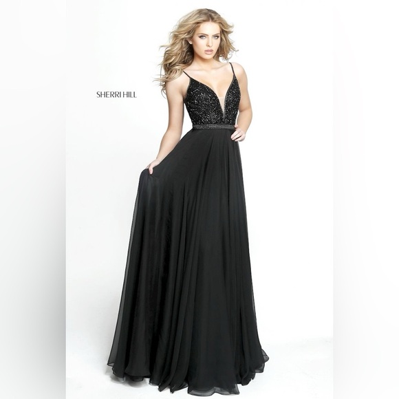 Sherri Hill Beaded A Line Whimsical Black Gown Size 10 - Picture 1 of 10